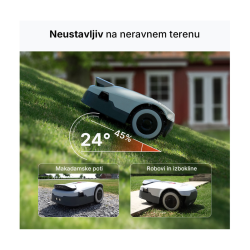 Robotska kosilnica Anthbot Genie 600E na klancu, prikaz vožnje po neravnem terenu do naklona 24°.
