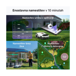 Prikaz nastavitve robotske kosilnice Anthbot prek aplikacije, časovnik, območja košnje in namestitev brez žice.