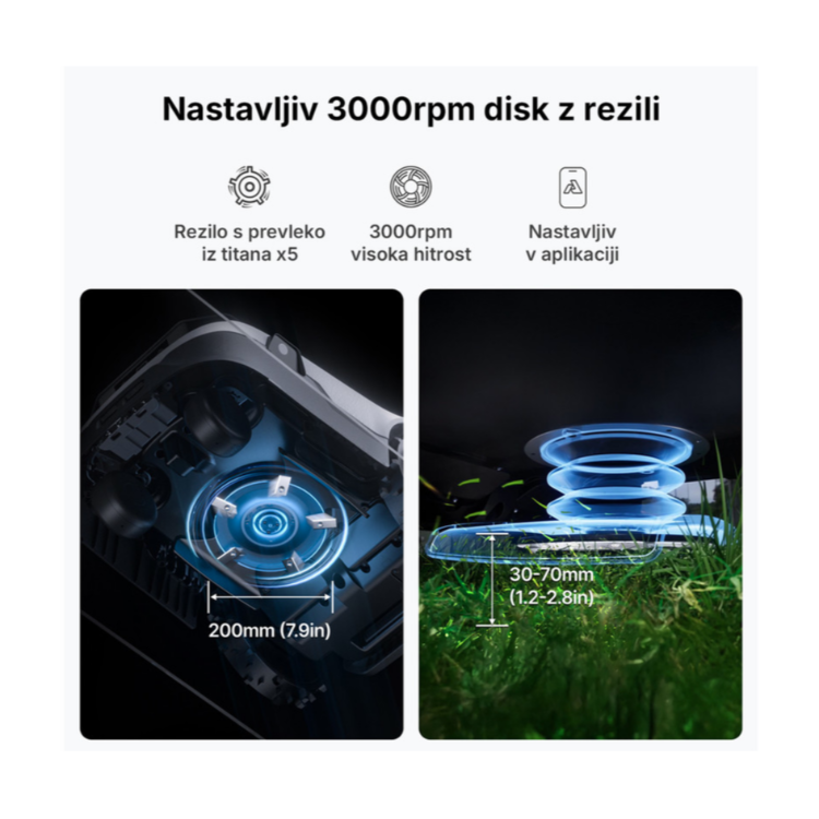 Detajl spodnjega dela robotske kosilnice Anthbot z vrtljivim rezilnim diskom 3000 rpm in nastavljivo višino reza 30–70 mm.