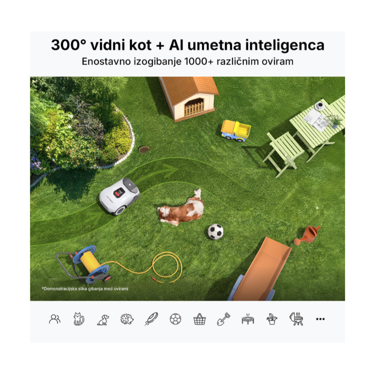 Prikaz zaznavanja ovir robotske kosilnice Anthbot Genie 600E z 300° vidnim kotom in AI kamero.