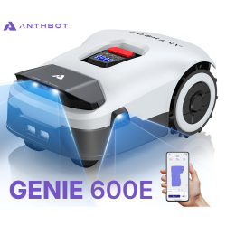 Robotska kosilnica Anthbot Genie 600E z LED senzorji in aplikacijo za upravljanje, sprednji pogled.