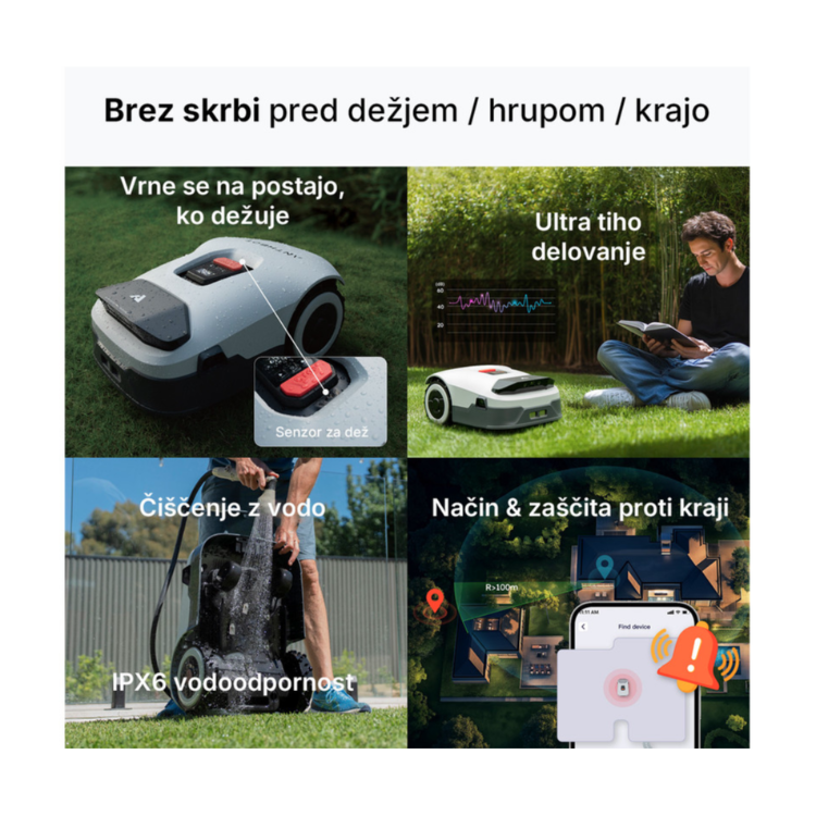 Robotska kosilnica Anthbot Genie 600E, prikaz zaščite pred dežjem, tihim delovanjem, pranjem z vodo in zaščite proti kraji.