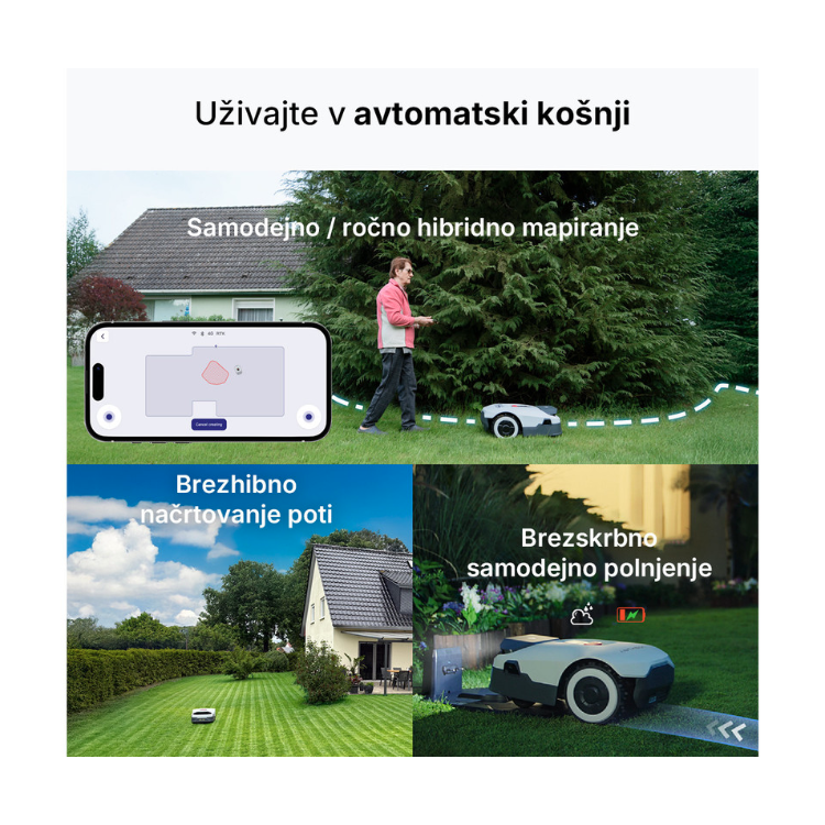 Robotska kosilnica Anthbot Genie 600E v uporabi na vrtu, samodejna košnja, mapiranje in polnjenje na postaji.