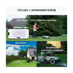 Robotska kosilnica Anthbot Genie 600E v uporabi na vrtu, samodejna košnja, mapiranje in polnjenje na postaji.