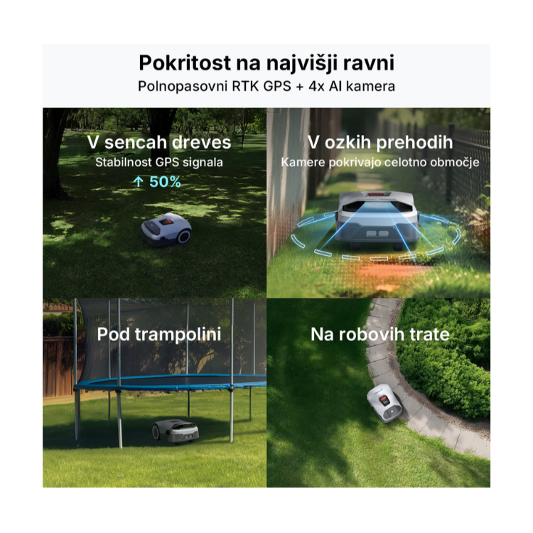 Robotska kosilnica Anthbot Genie 600E, delovanje v senčnih in ozkih območjih ter ob robovih trate.