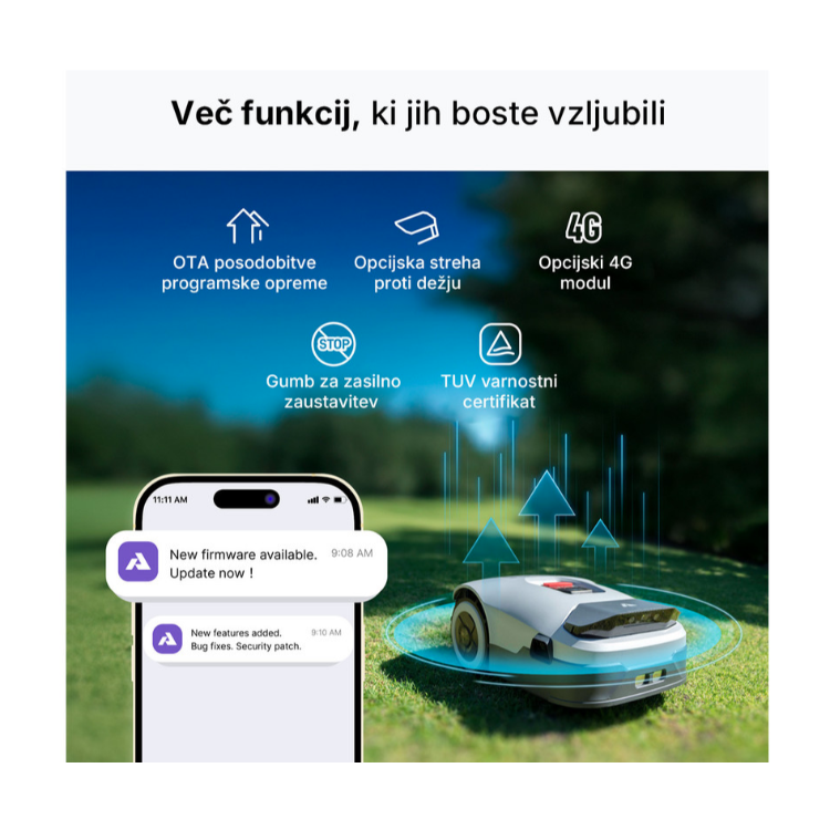 Funkcije robotske kosilnice Anthbot Genie 600E: OTA posodobitve, opcijska streha, 4G modul, varnostni gumb STOP in TÜV certifikat.