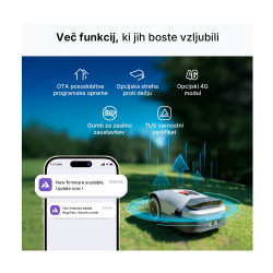 Funkcije robotske kosilnice Anthbot Genie 600E: OTA posodobitve, opcijska streha, 4G modul, varnostni gumb STOP in TÜV certifikat.