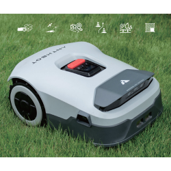 Robotska kosilnica Anthbot Genie 600E na travi, prikaz delovanja s senzorji, stabilnosti in prilagoditve različnim terenom.