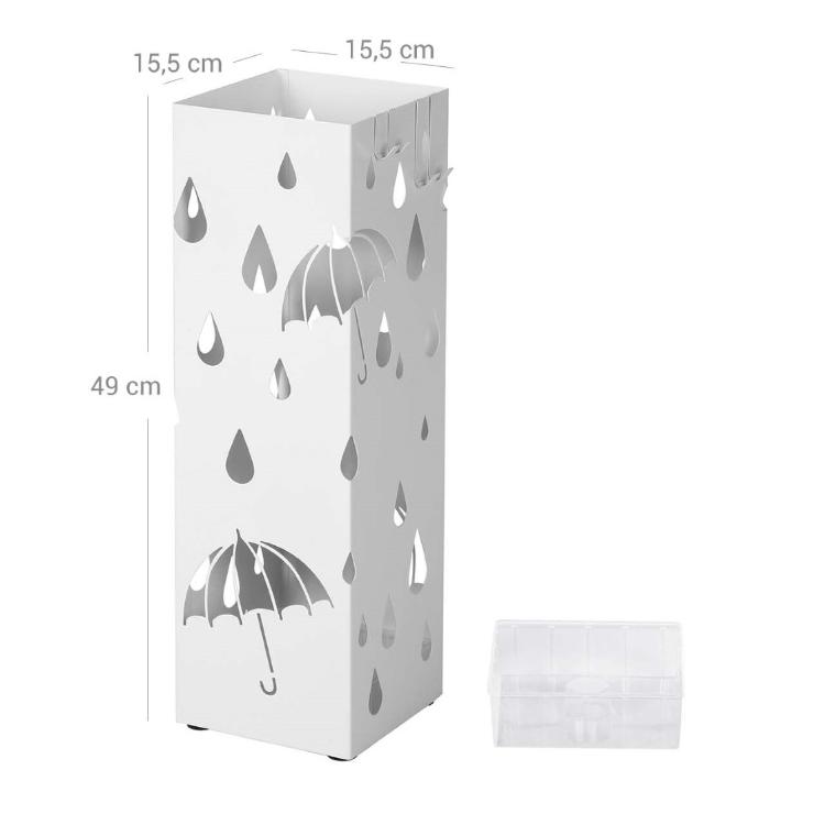 Kovinsko stojalo za dežnike z označenimi dimenzijami 49 × 15,5 cm in plastičnim vložkom.