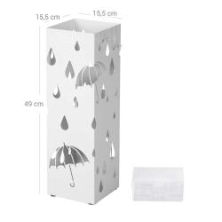 Kovinsko stojalo za dežnike z označenimi dimenzijami 49 × 15,5 cm in plastičnim vložkom.