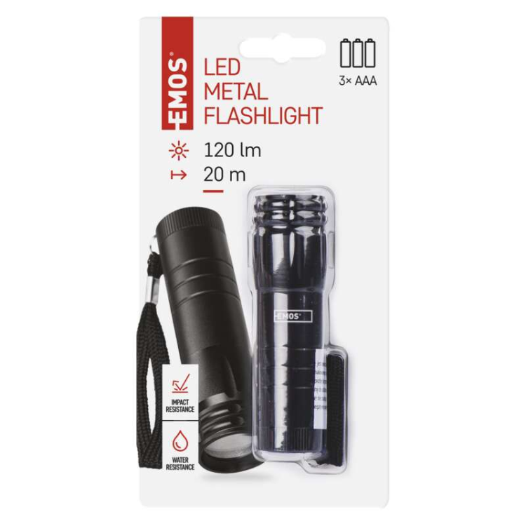 Ročna LED svetilka Emos 3W COB LED, 100 lm, 3× AAA, kovinska