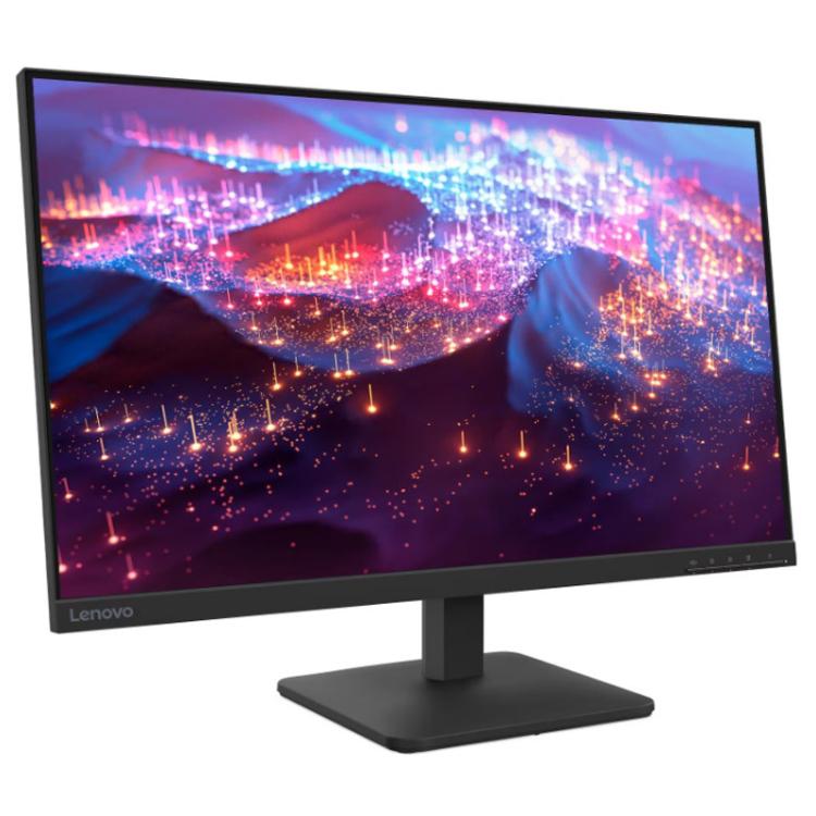 Lenovo monitor z ozkimi robovi in barvito abstraktno grafiko na zaslonu.
