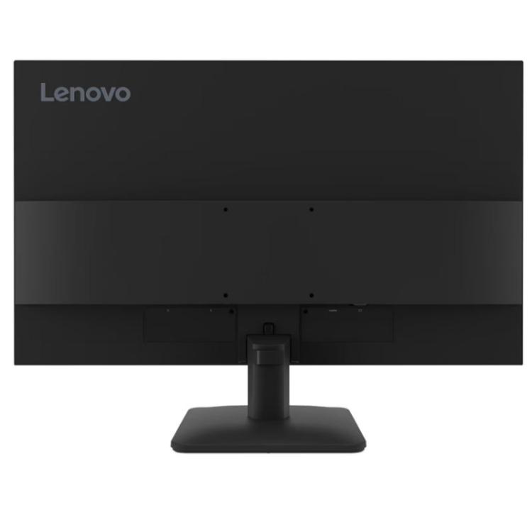 Zadnja stran Lenovo monitorja z minimalističnim črnim dizajnom in osrednjim stojalom.