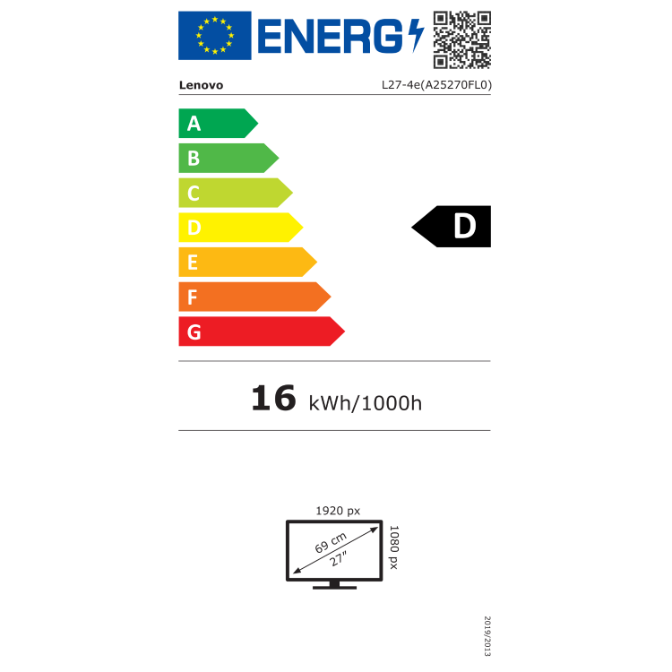 Energijska nalepka EU za Lenovo L27-4e monitor z energijskim razredom D, porabo 16 kWh/1000 h, diagonalo 27 palcev in ločljivostjo 1920 × 1080.