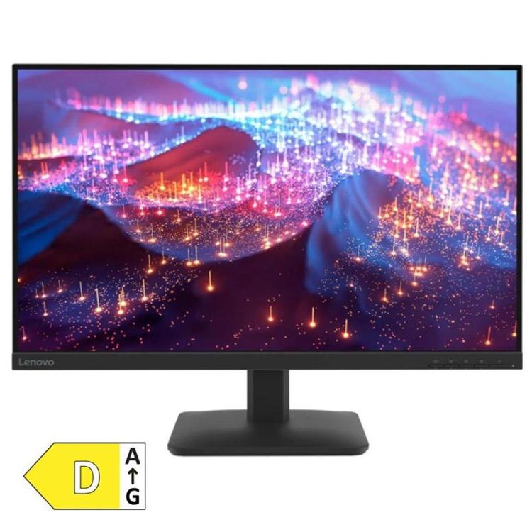 Lenovo monitor z energijskim razredom D, prikazan s tankimi robovi, črnim stojalom in barvito abstraktno grafiko na zaslonu.