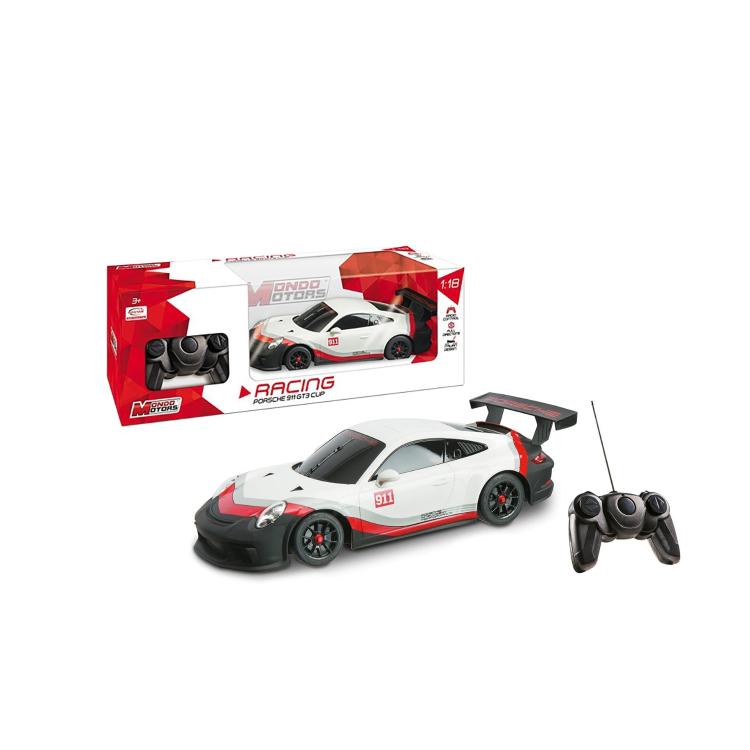 RC model Porsche 911 GT3 Cup v beli-rdeče-črni izvedbi, merilo 1:18, s krmilnikom in embalažo Mondo Motors.