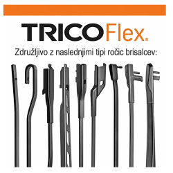 Prikaz združljivosti brisalca Trico Flex z različnimi tipi ročic brisalcev.