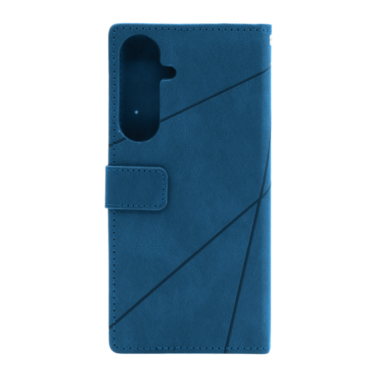 Zadnja stran modre preklopne torbice WLGO Lines za Samsung Galaxy S26 FE z geometrijskim vzorcem in magnetnim zapiranjem.