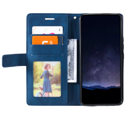 Modra preklopna torbica WLGO Lines za Samsung Galaxy S26 FE z režami za kartice, prostorom za bankovce in prozornim žepom za fotografijo.