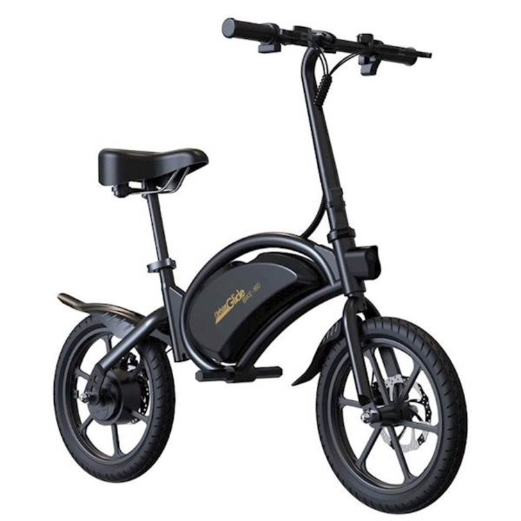 UrbanGlide eBike 160, sprednji kot, črno mini električno kolo, kompaktno ogrodje in disk zavore.