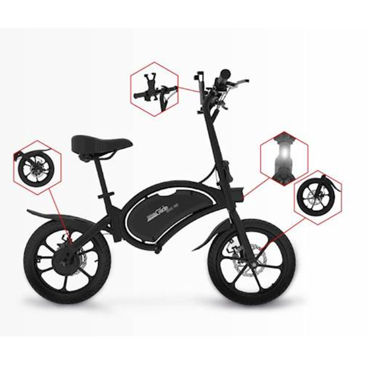 UrbanGlide eBike 160, stranski pogled z označenimi funkcijami, luči, zavore in zložljiv mehanizem.