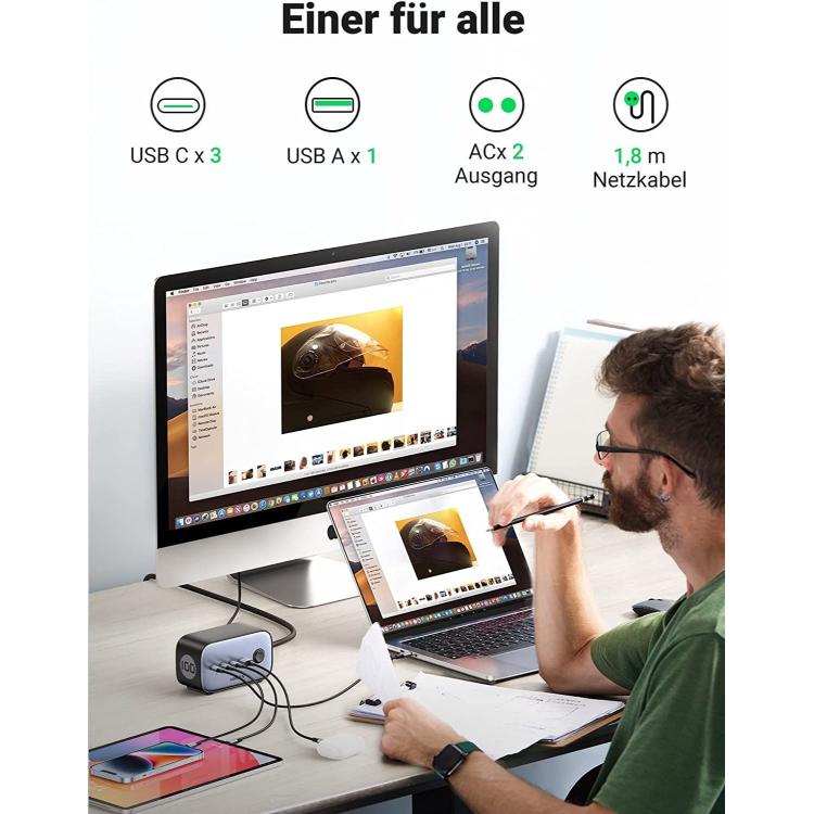 Polnilna postaja UGREEN omogoča hkratno polnjenje več naprav prek USB-C, USB-A in AC priključkov.