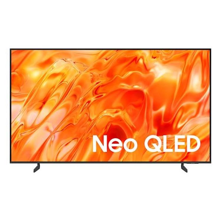 Samsung Neo QLED televizor s tankim črnim okvirjem, prikazan od spredaj, z oranžnim abstraktnim motivom in napisom Neo QLED na zaslonu.