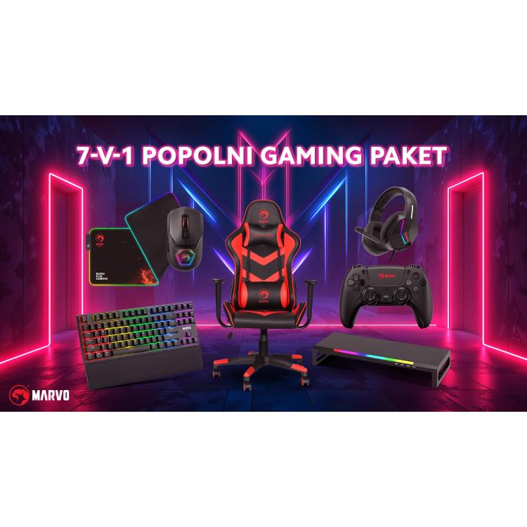 Marvo 7-v-1 Popolni Gaming Paket - Gaming stol CH106, miška, tipkovnica, podloga za miško, slušalke, igralni plošček in mikrofon
