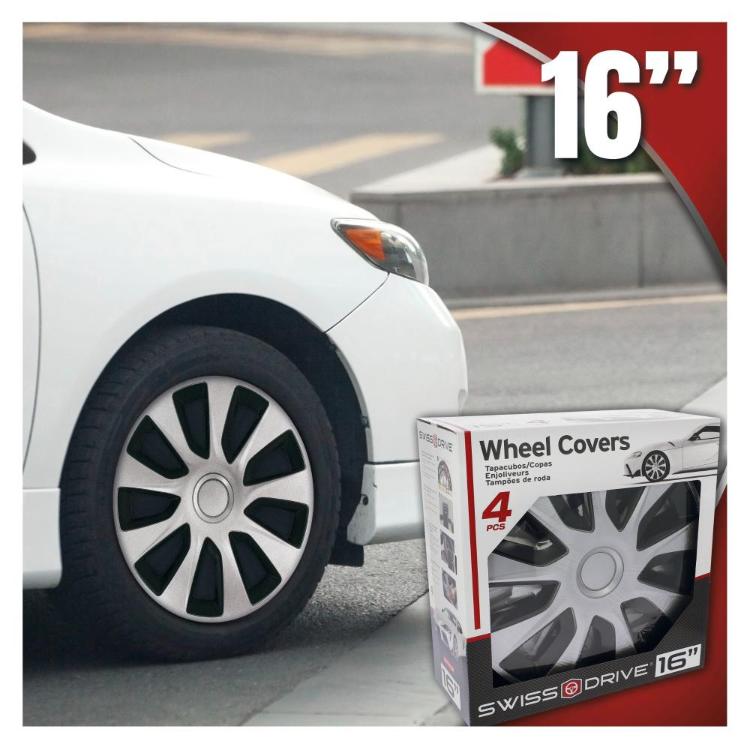 Bel avto s črno‑srebrnim pokrovom 16" ob robu ceste; spodaj škatla Wheel Covers, poudarjena velikost 16"