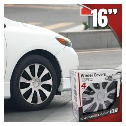 Bel avto s črno‑srebrnim pokrovom 16" ob robu ceste; spodaj škatla Wheel Covers, poudarjena velikost 16"