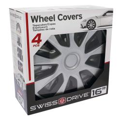 Škatla SWISS DRIVE Wheel Covers; napis 4 PCS, skozi okno viden pokrov, motiv belega avtomobila