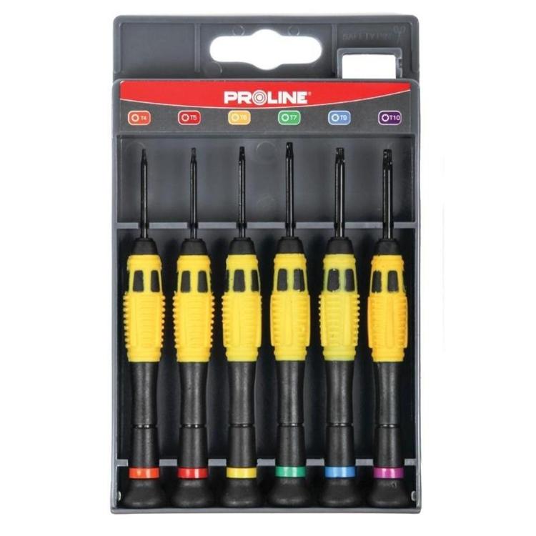 Set natančnih izvijačev Proline, 6‑delni komplet z barvno označenimi ročaji v plastičnem pakiranju.