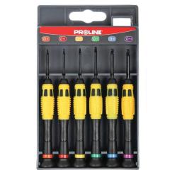 Set natančnih izvijačev Proline, 6‑delni komplet z barvno označenimi ročaji v plastičnem pakiranju.