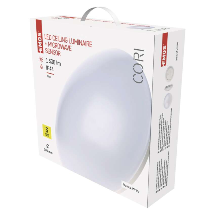 Nadometno LED svetilo Emos CORI, okroglo, 18W, IP44, s senzorjem, nevtralno bela