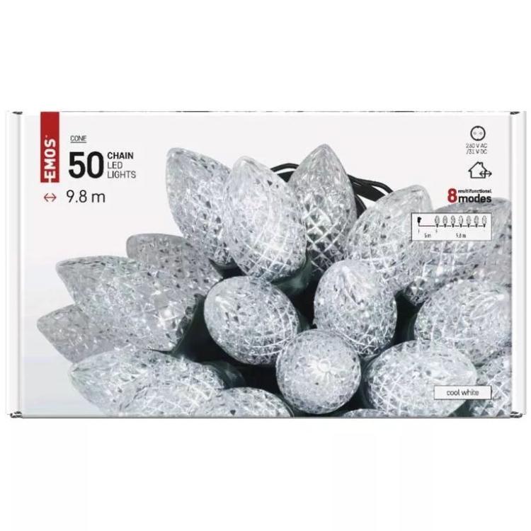 Božična veriga storžki, 50 LED, 9,8 m, zunanja in notranja, hladna bela, programi_2