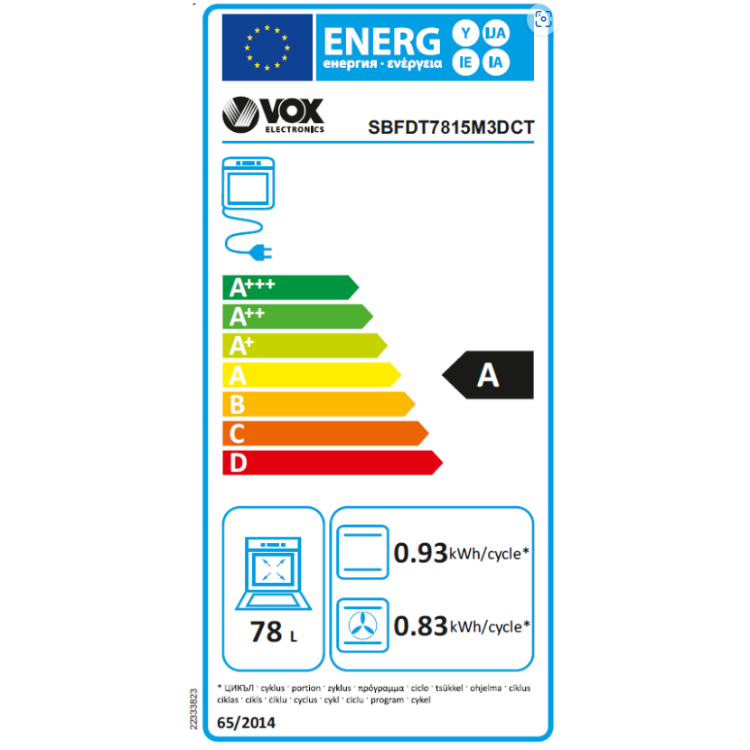 Vgradna pečica VOX SBFDT 7815M3DCT, A, 78 L