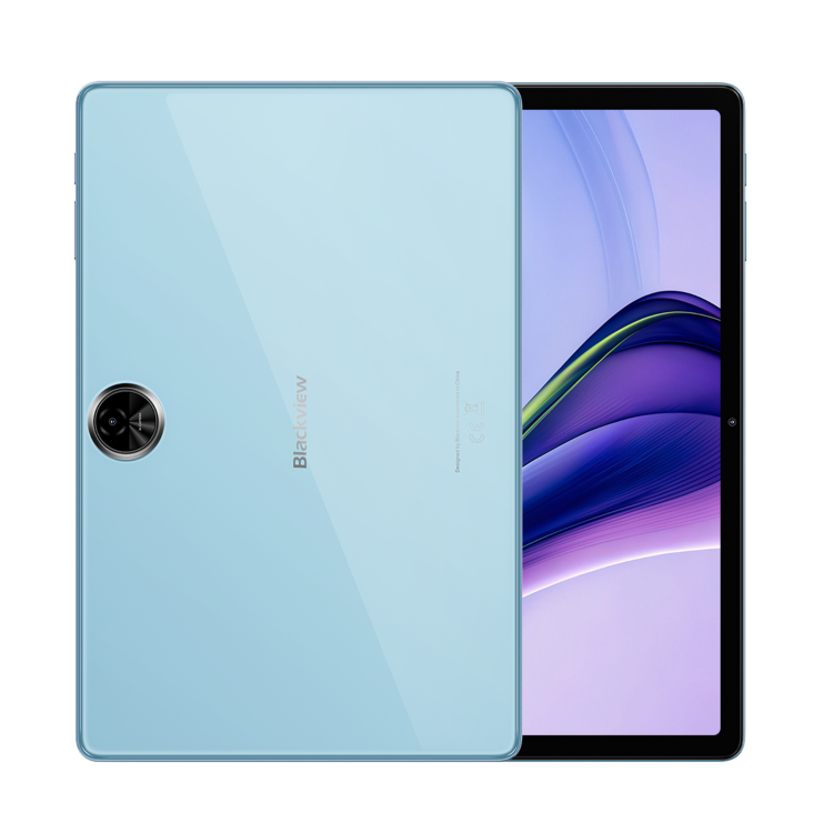 Blackview: Zadnja stran svetlo modre tablice, sijajna površina, okrogla kamera levo in logotip na sredini