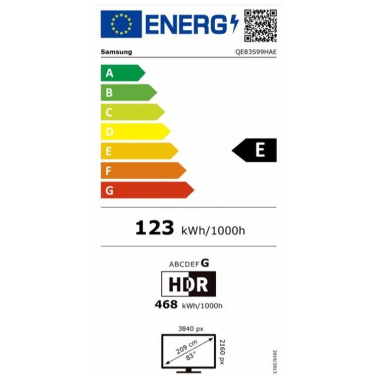 Samsung energijska nalepka na beli podlagi z lestvico A-G, razred E, poraba 123 kWh/1000 h, HDR podatki.