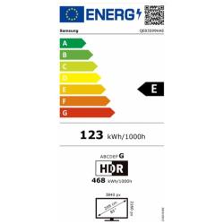 Samsung energijska nalepka na beli podlagi z lestvico A-G, razred E, poraba 123 kWh/1000 h, HDR podatki.