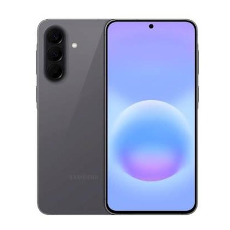 Sprednja in zadnja stran Samsung Galaxy v sivi barvi, s trojno kamero in centrirano zaslonko.