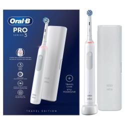 Embalaža Oral-B Pro Series 3 in bela električna zobna ščetka z etuijem ter prikazom funkcij na modrem ozadju