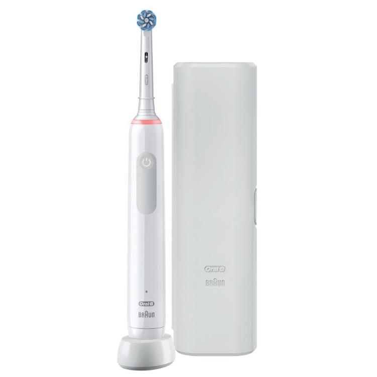 Bela električna zobna ščetka Oral-B na stojalu in potovalni etui, oba z minimalističnim dizajnom