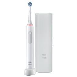 Bela električna zobna ščetka Oral-B na stojalu in potovalni etui, oba z minimalističnim dizajnom