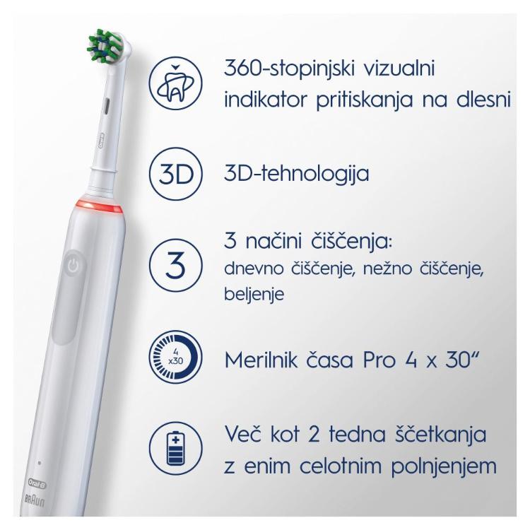Električna zobna ščetka Oral-B z ikonami funkcij: senzor pritiska, 3 načini čiščenja, časovnik in dolga baterija