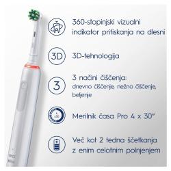 Električna zobna ščetka Oral-B z ikonami funkcij: senzor pritiska, 3 načini čiščenja, časovnik in dolga baterija
