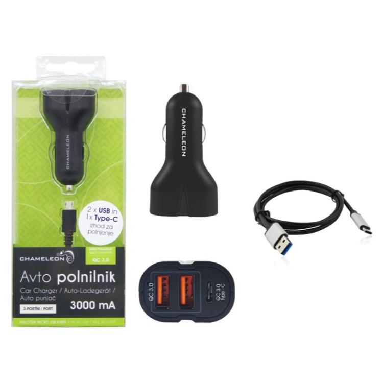 Avto polnilnik Chameleon 3-portni avto polnilnik IBD318-2UC (QC 3.0) (2 x USB vhod, 1 x Type C vhod) s Type C in MicroUSB kabl_1