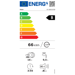 Energijska nalepka za pomivalni stroj Haier XS 6B0S3FSB z energijskim razredom B, porabo 66 kWh na 100 ciklov, kapaciteto 16 pogrinjkov, porabo 9,5 L vode na cikel, trajanjem programa 3:55 h in glasnostjo 40 dB.