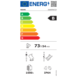 EU energijska nalepka za pametni telefon Redmi z energijskim razredom B, avtonomijo baterije do 73 ur in 54 minut ter zaščito IP64.