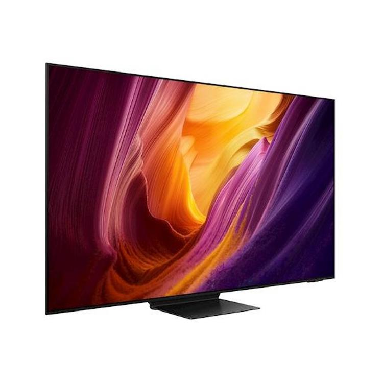 Samsung 65‑palčni OLED televizor na stojalu, sprednji pogled z živahnimi barvami zaslona.