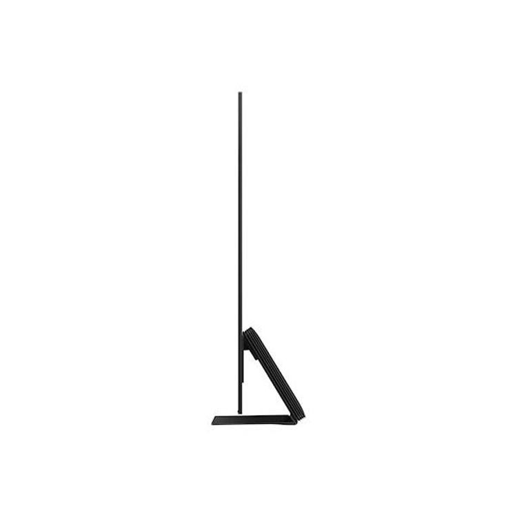 Samsung OLED TV QE65S95HFT, zelo tanek stranski profil z elegantnim kovinskim stojalom.